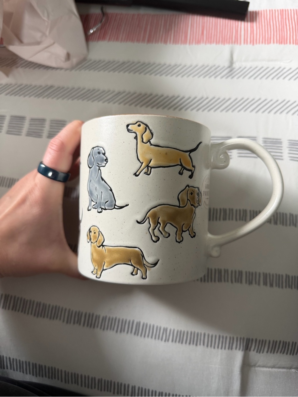 Dachshund Ceramic Coffee Mug in Cream with Yellow and Gray Dogs
